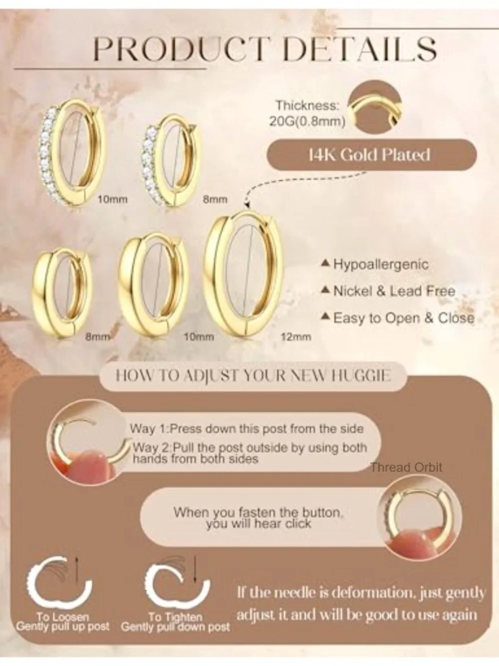 5 Pairs Hypoallergenic 14K Gold Plated Huggie Hoop Earrings Set for Sensitive
